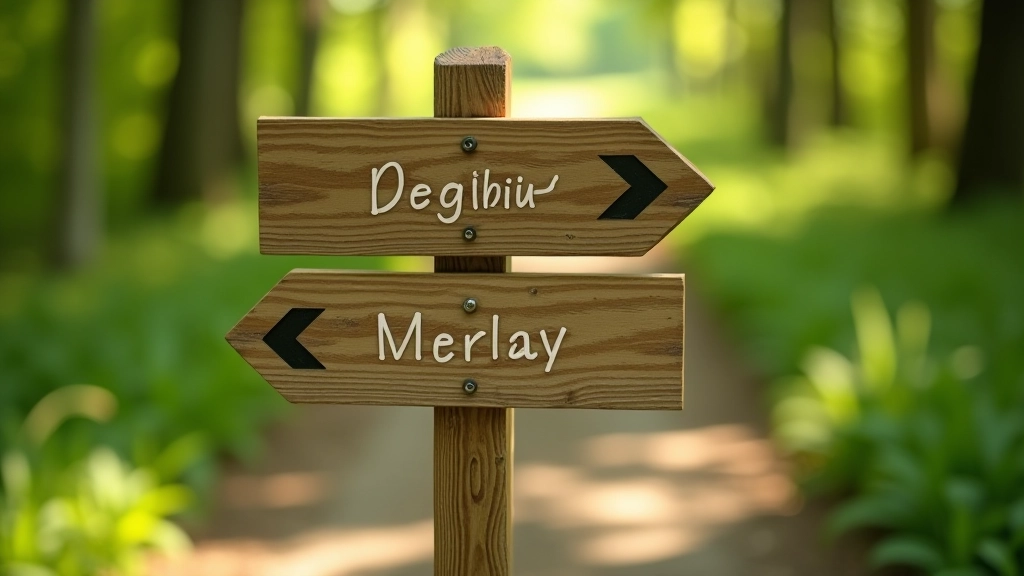 Kelio ženklas su rodyklemis į du skirtingus maršrutus, medžių fone