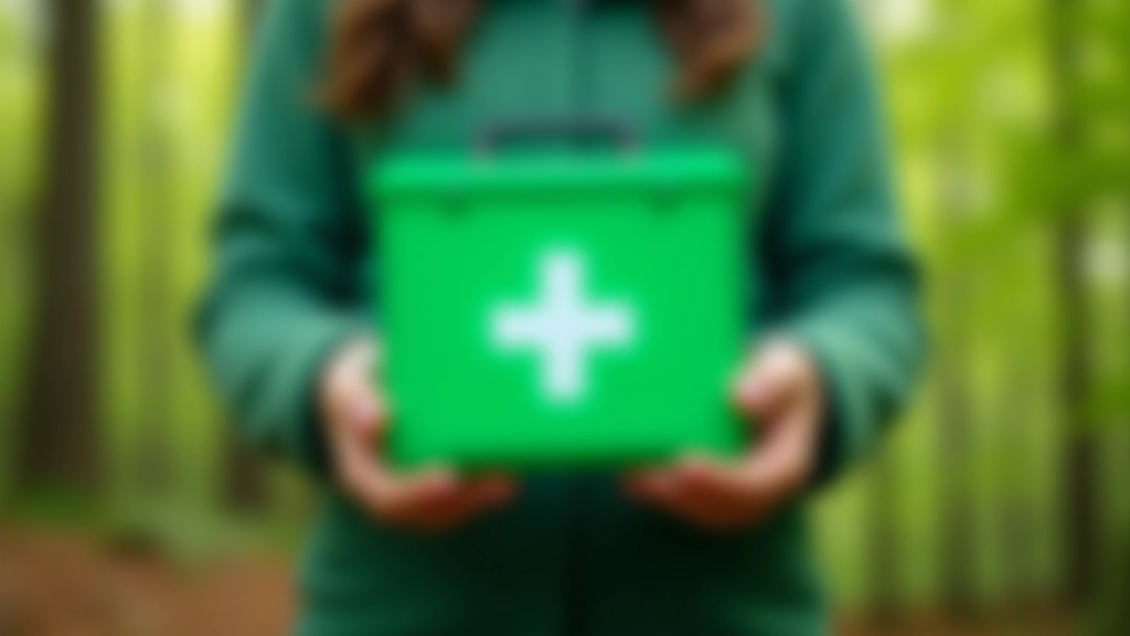 Pensininkės rankos nešančios ryškiai žalią medicininę saugos kompaktinę dėžę su kryžiumi
